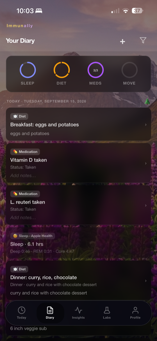 Immunally diary showing food, sleep, and medications organized by day with daily coverage rings
