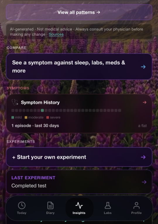 Immunally Insights tab — Compare and Experiments, with a button to start your own before-and-after test